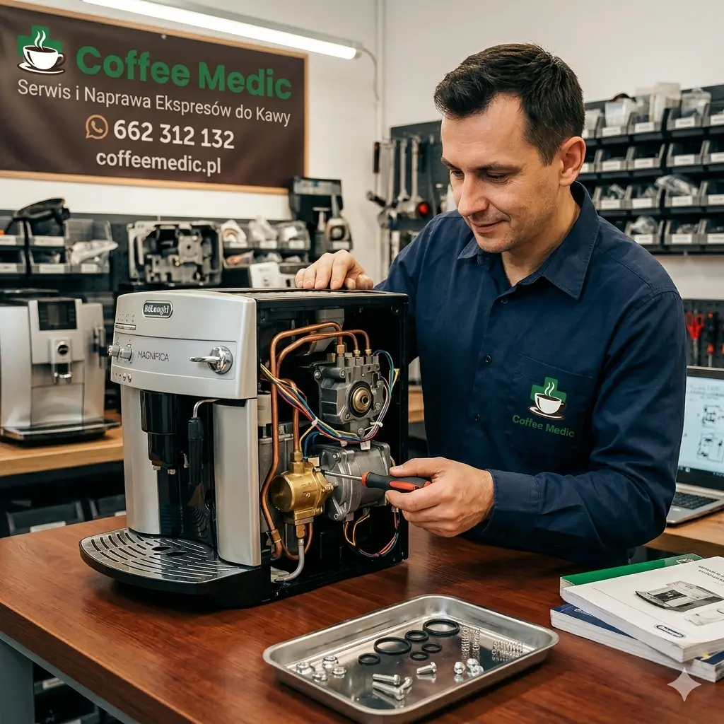 Serwisant Coffee Medic wykonuje naprawę ekspresu DeLonghi w Białymstoku